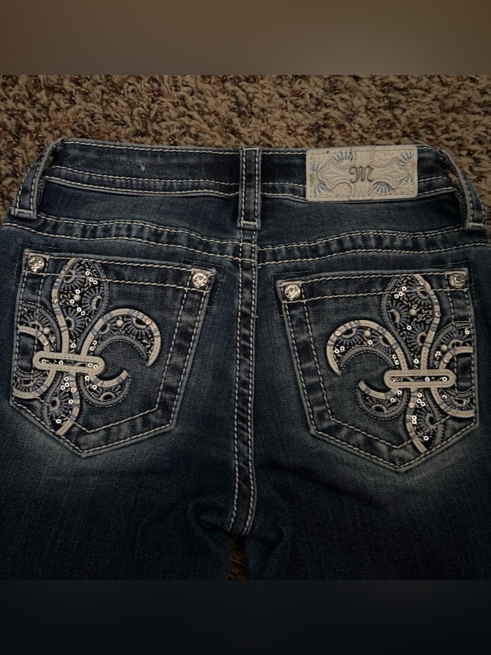 Miss Me Dark Blue Bootcut Jeans with Embroidered Fleur-de-Lis Pockets